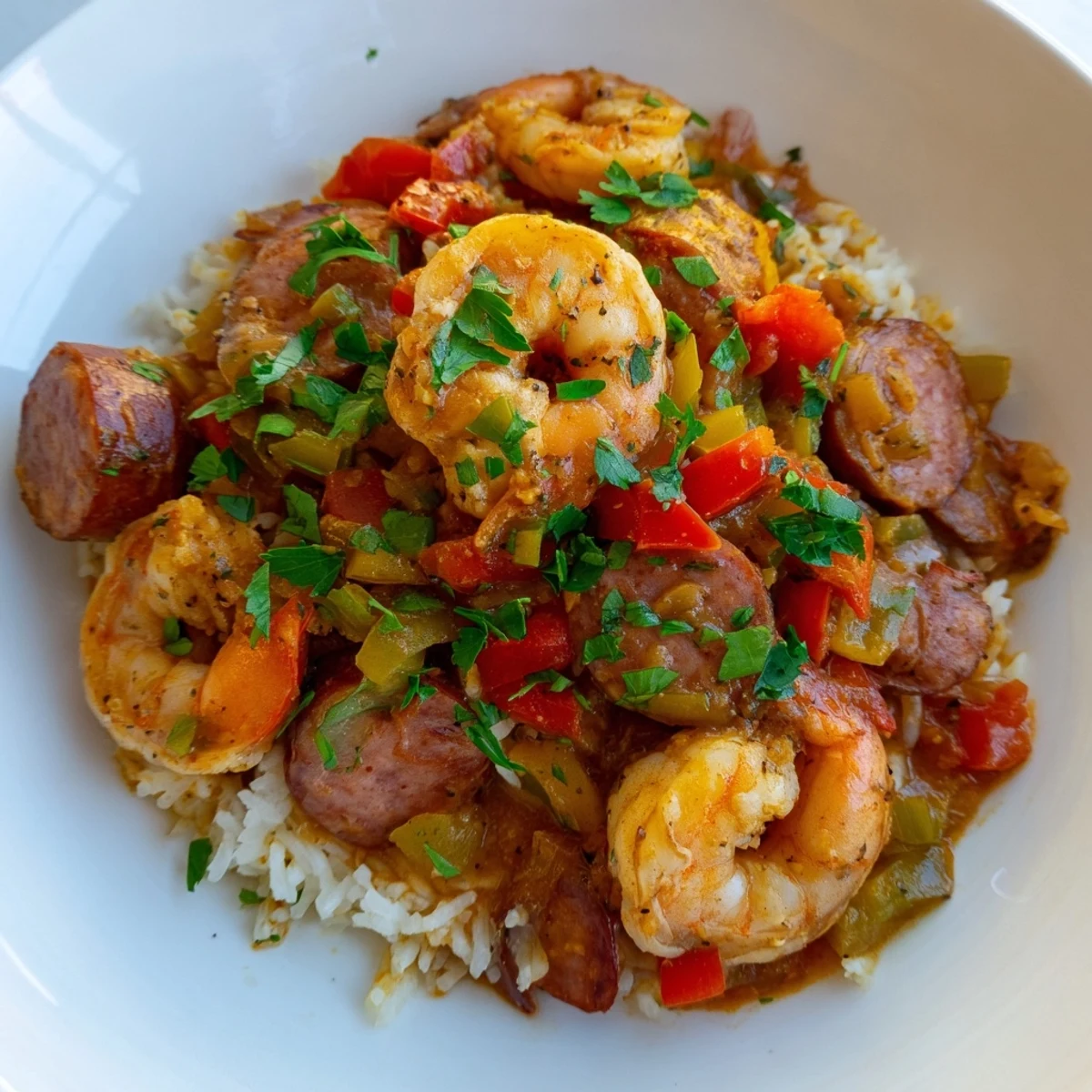 Steaming Jambalaya Skillet with shrimp, sausage, and rice, a vibrant Southern Creole dish ready to enjoy.