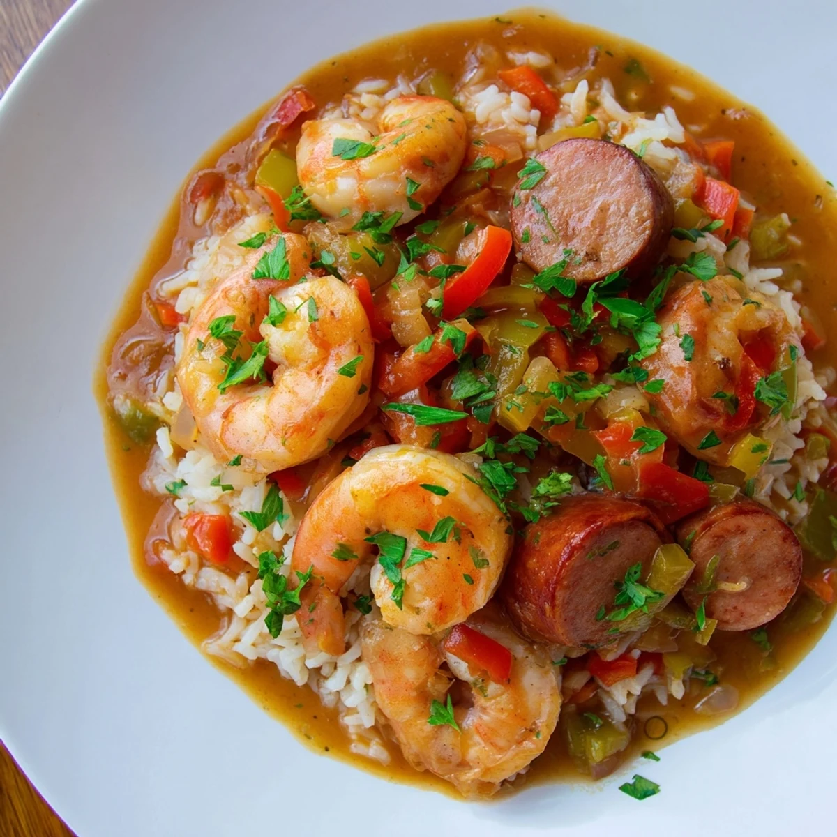 A close-up shot of the savory Jambalaya Skillet; you can smell the smoky spices and fresh parsley.