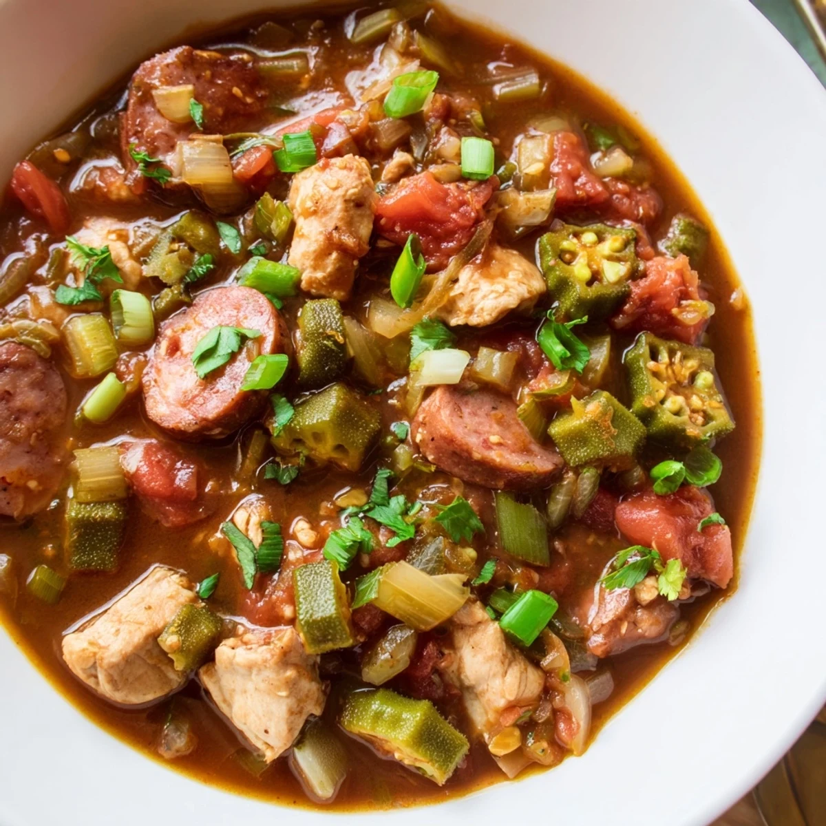Steaming bowl of Gumbo Okra Soup, filled with chicken, sausage, and vegetables, ready to serve.