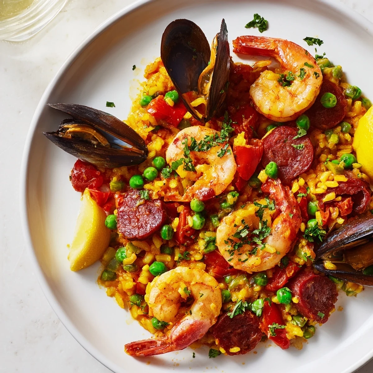 Golden paella Spanish rice, laden with seafood and vibrant vegetables, ready to serve with lemon.