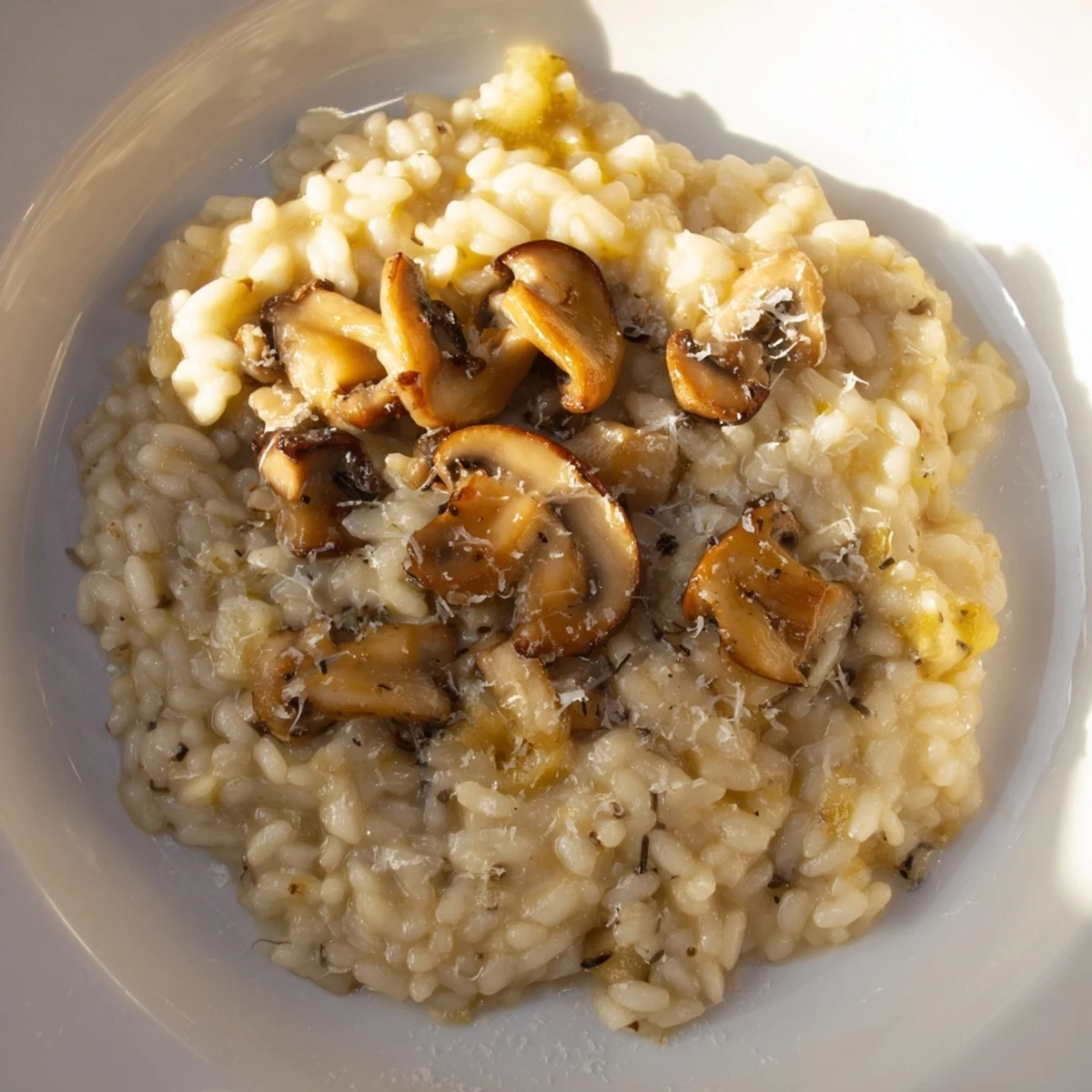 Creamy, golden risotto with mushrooms showcasing tender Arborio rice and savory flavors.