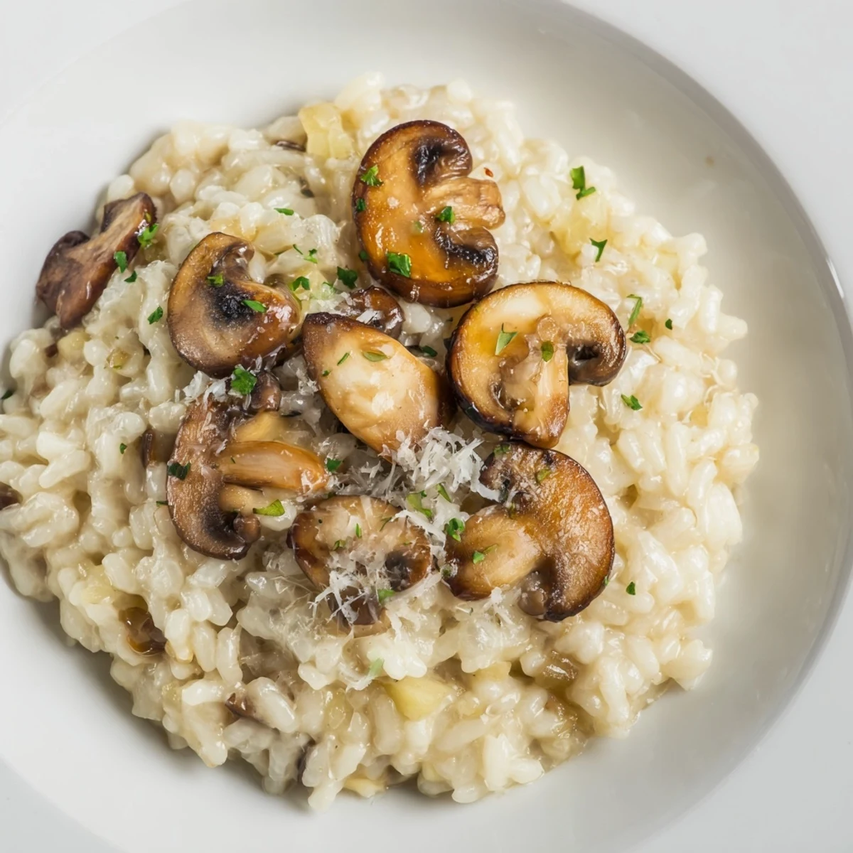 A close-up view of flavorful homemade risotto with mushrooms, perfect for a cozy dinner.