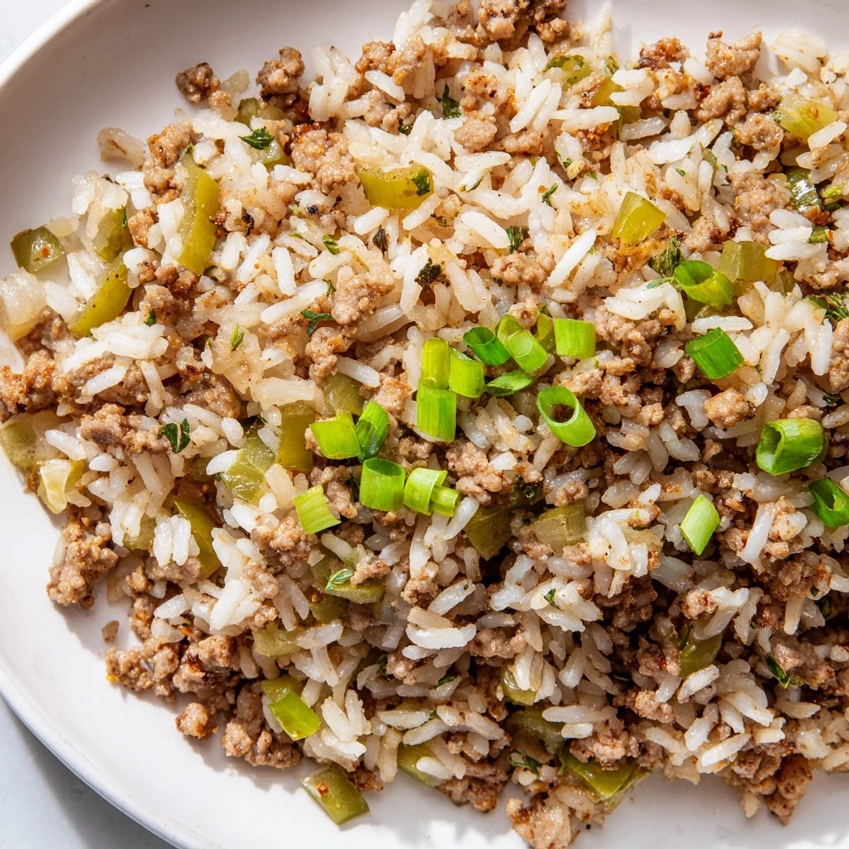 Steaming, savory Cajun Dirty Rice topped with fresh green onions; a Southern comfort food feast.