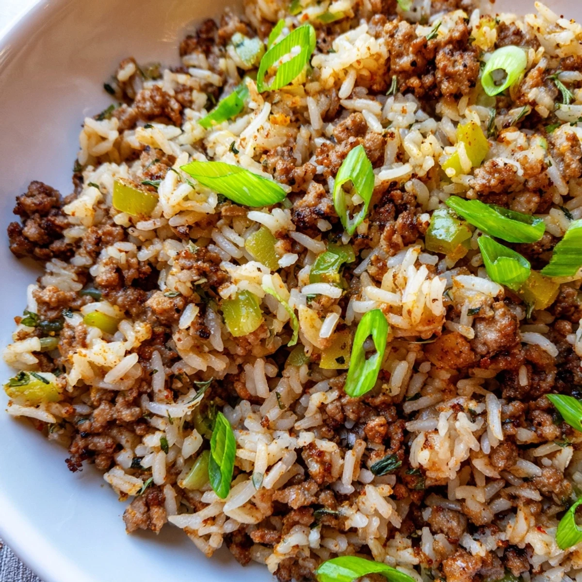 Hearty Cajun Dirty Rice, a flavorful mingling of rice, meat, and vegetables, ready to serve and enjoy.