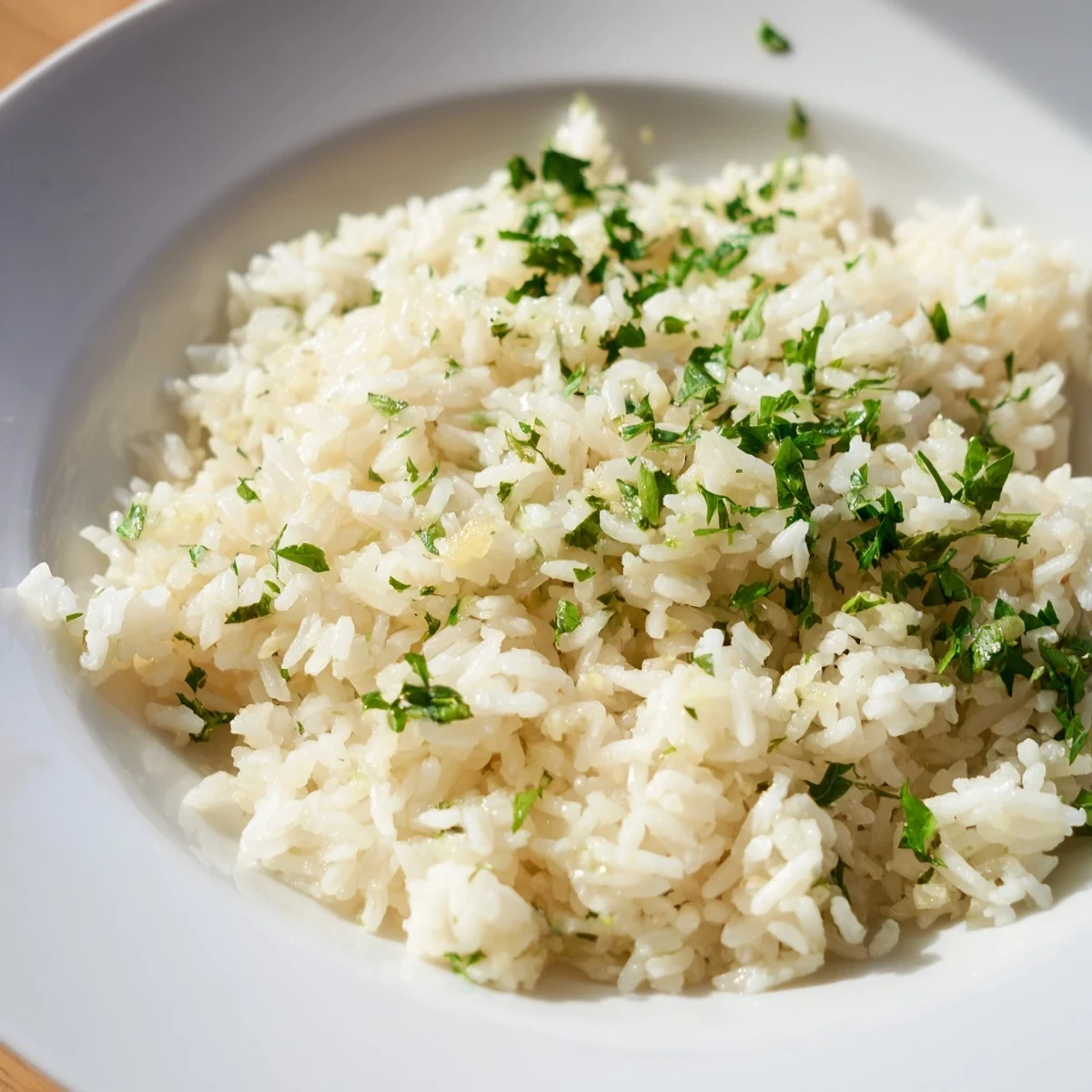 Fluffy Garlic Butter Rice, garnished with parsley, steams gently in a warm serving bowl, delicious.