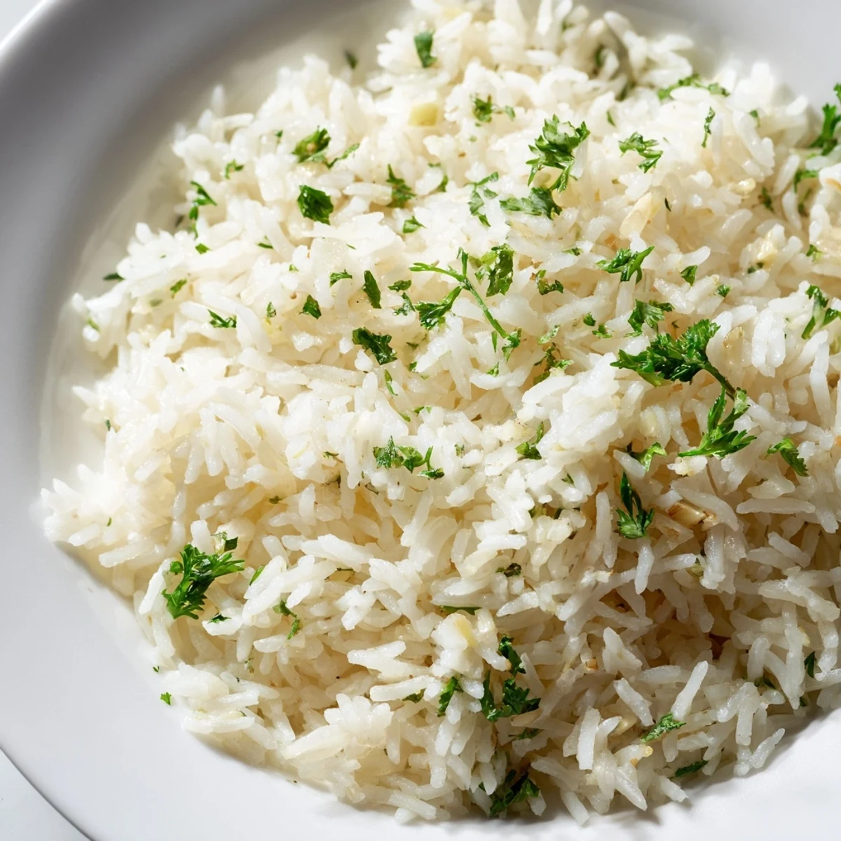 Golden, glistening Garlic Butter Rice with tender grains is pictured, ready to serve as a side.
