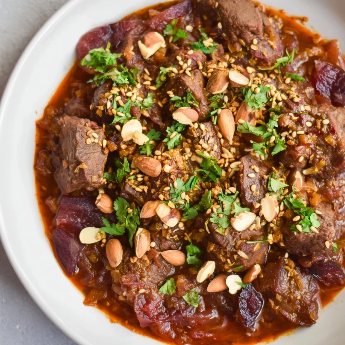 A steaming bowl of Moroccan Lamb Tagine, rich with prunes and almonds, is ready to eat.
