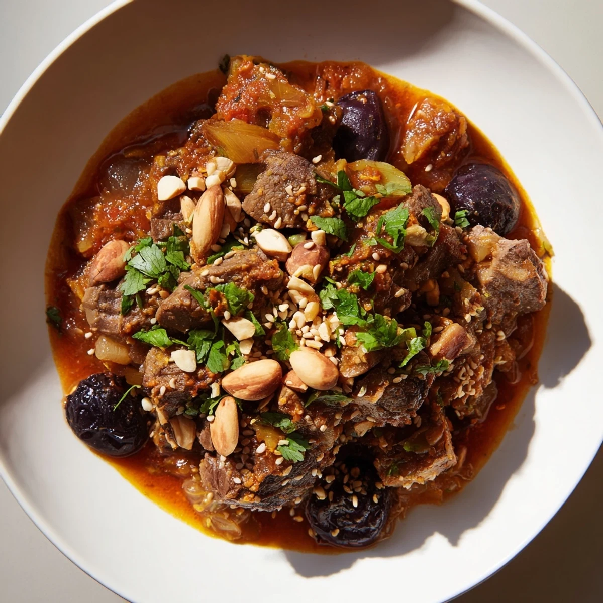 Fragrant and flavorful Moroccan Lamb Tagine, perfect for serving with fluffy couscous and fresh herbs.