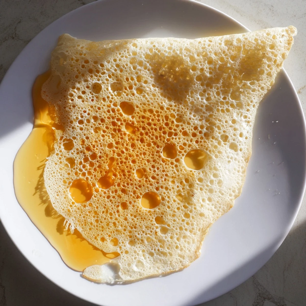 Freshly cooked Baghrir, the honeycomb-textured Moroccan pancakes, served with decadent melted butter and honey.