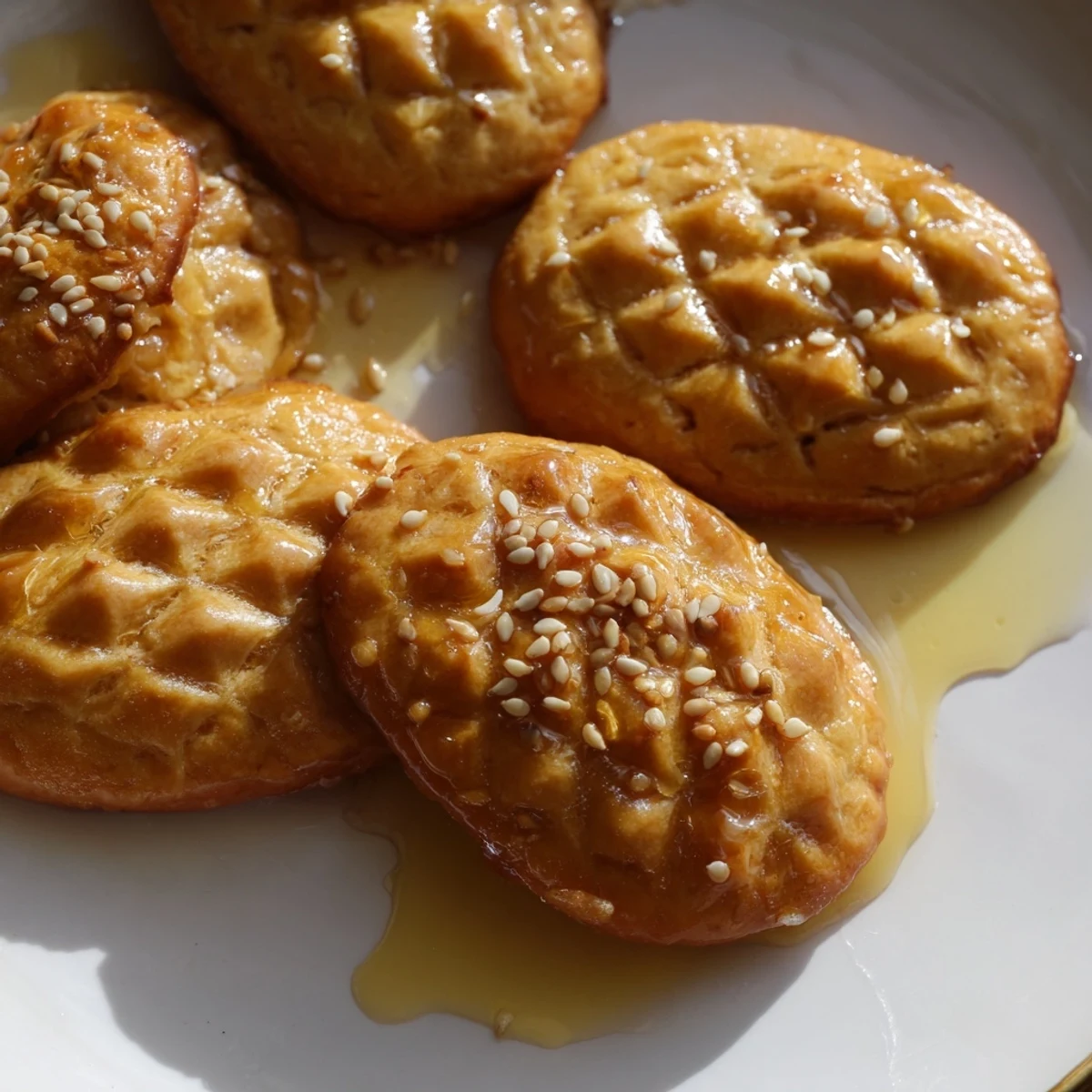Golden-brown Tunisian Makroudh cookies, showcasing their diamond shape and inviting, spiced date filling.