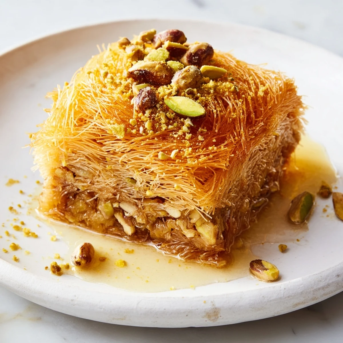 Golden, crispy Egyptian Konafa with a glistening honey syrup, a sweet dessert treat.