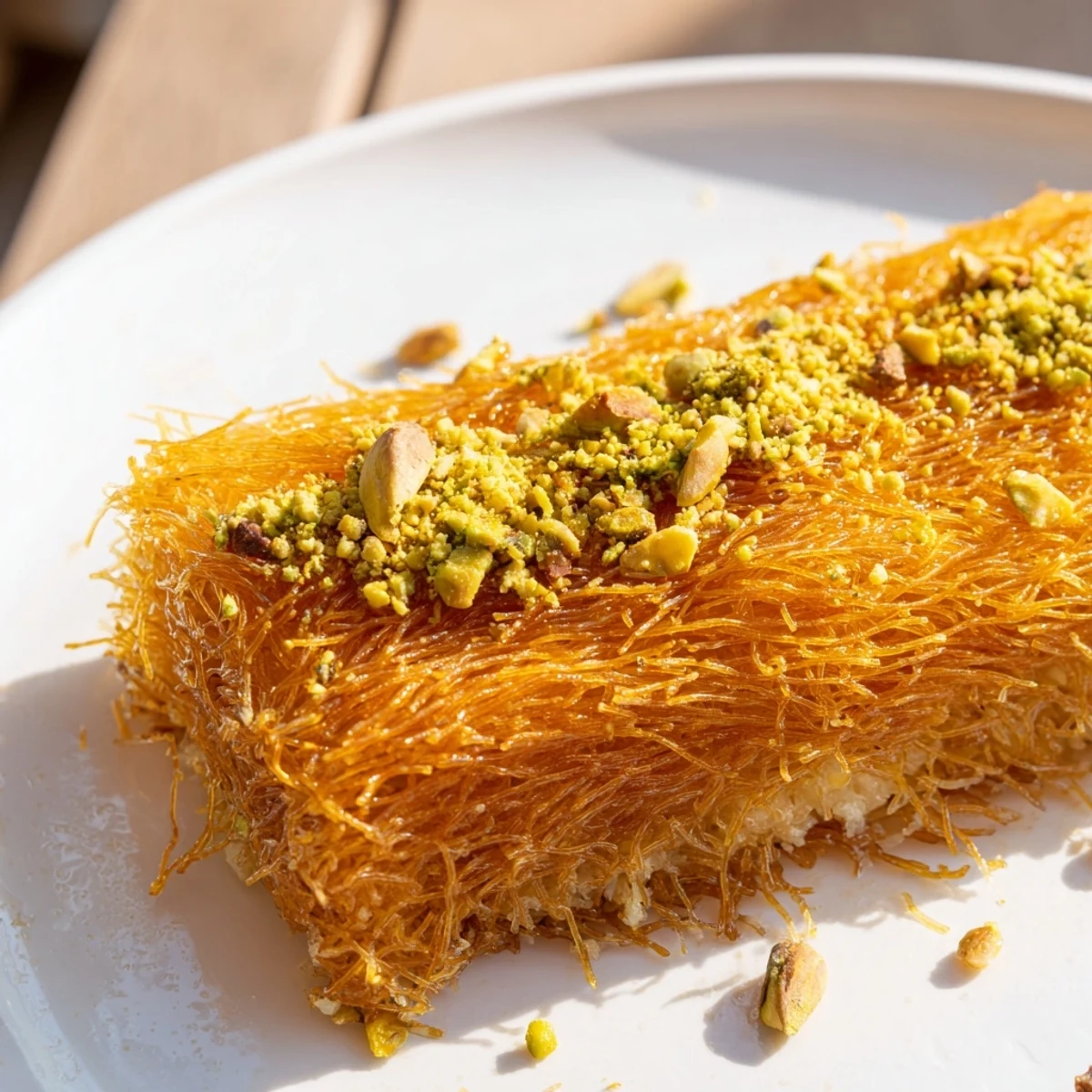 Golden-brown Lebanese Knafeh cheese dessert with a crispy crust and a sweet orange blossom syrup.