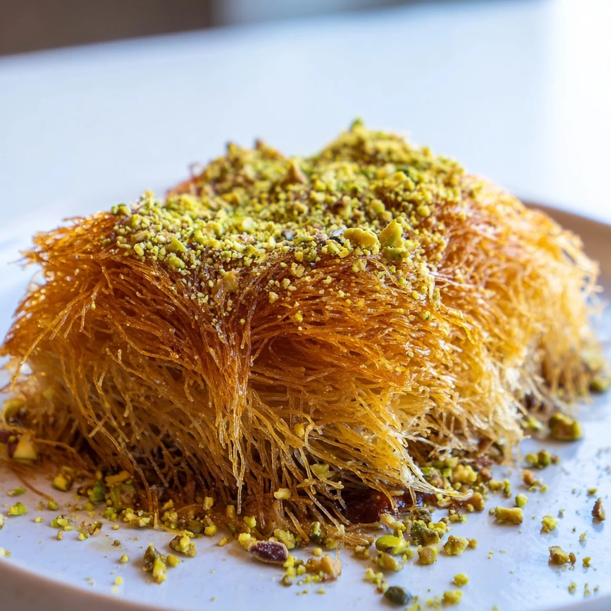 Up-close shot of delicious Lebanese Knafeh recipe, a sweet and cheesy dessert, ready to serve.