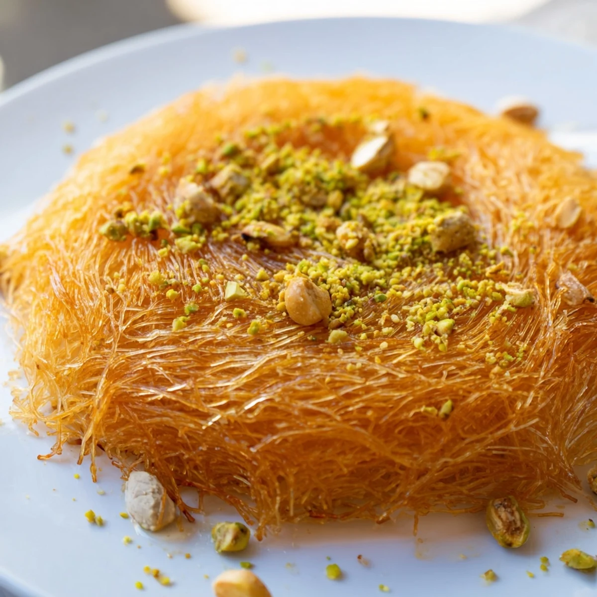 Warm Knafeh, a Lebanese dessert, showcasing gooey cheese under a golden shredded phyllo topping.