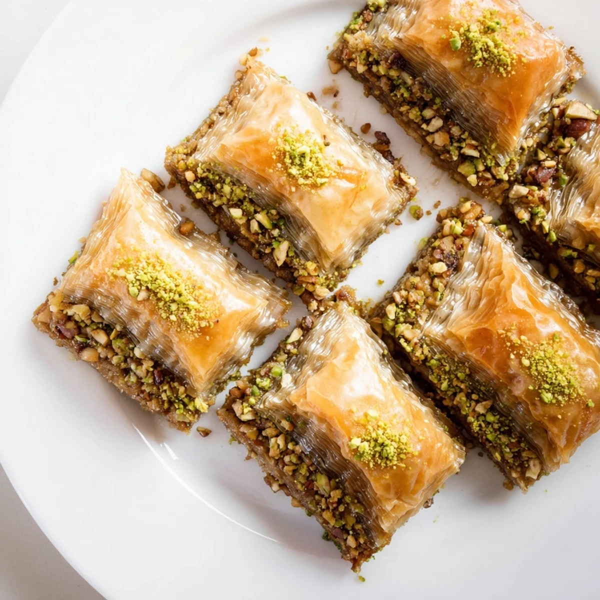Golden, flaky Turkish baklava glistening with honey syrup, a close-up showing layers of nuts.