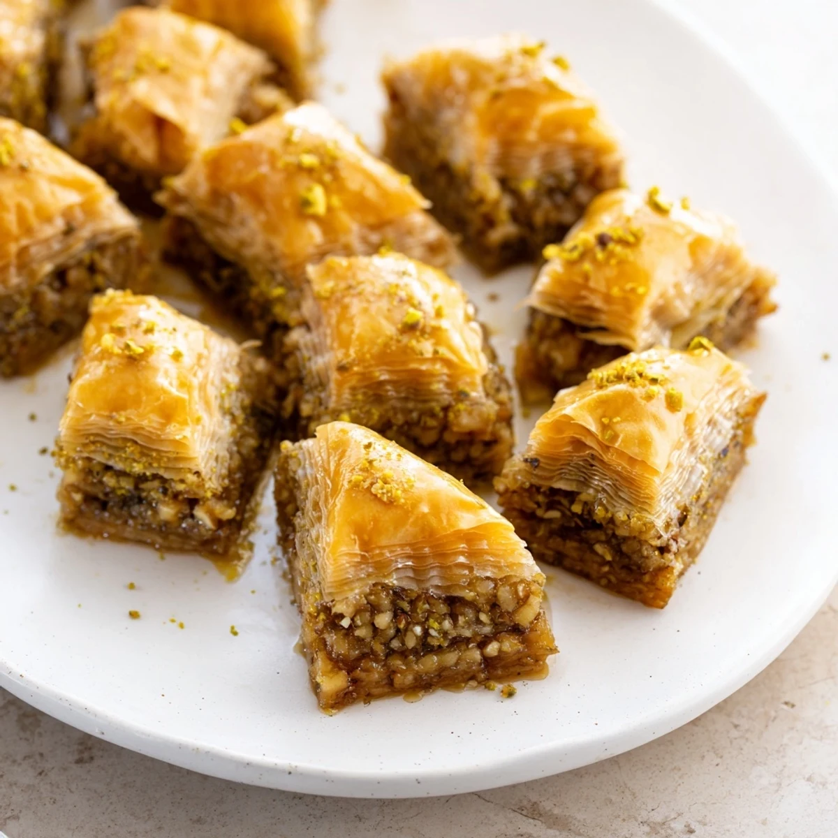 A square of rich Turkish baklava, showcasing the layers of phyllo and syrupy sweetness.