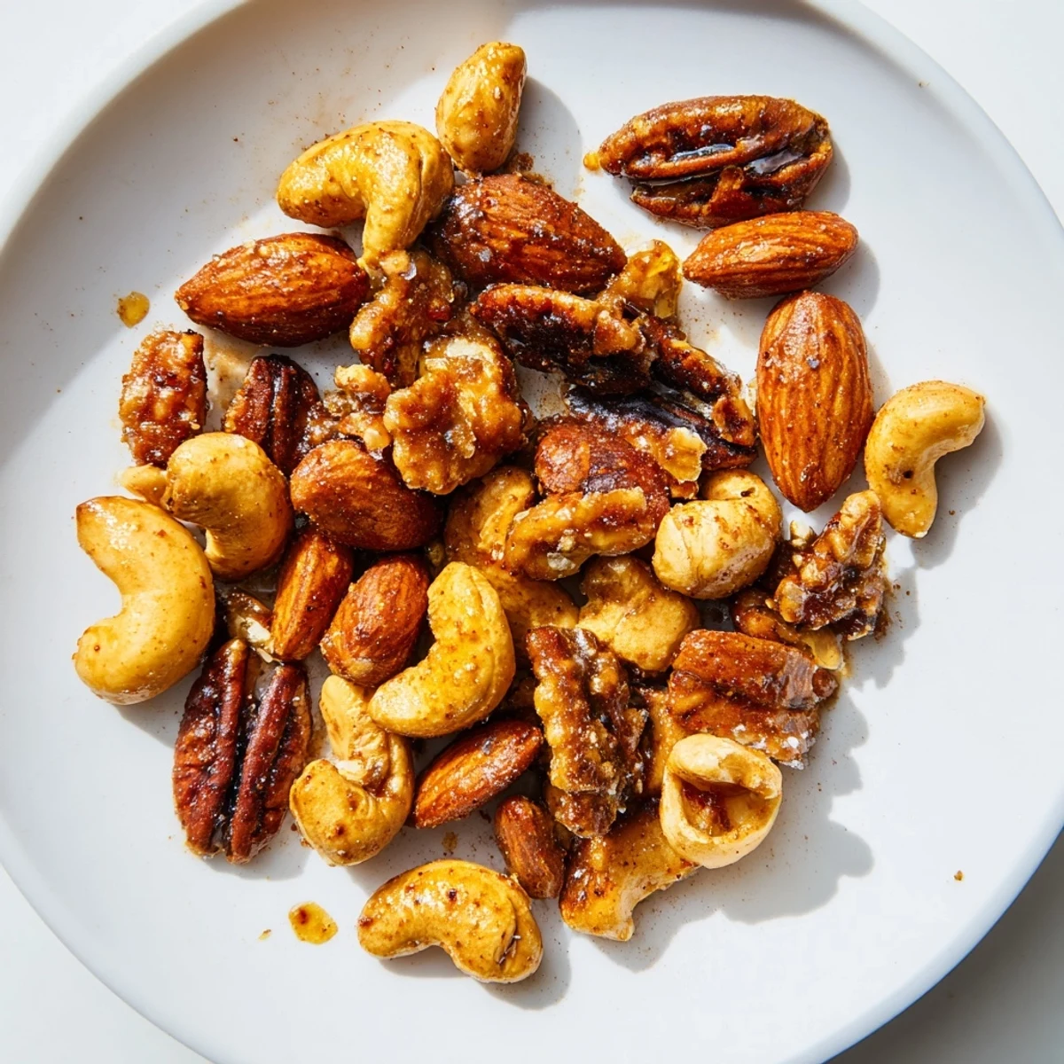 Roasted Spiced Nuts Mix glows with honey and spices on a baking sheet, ready for snacking.