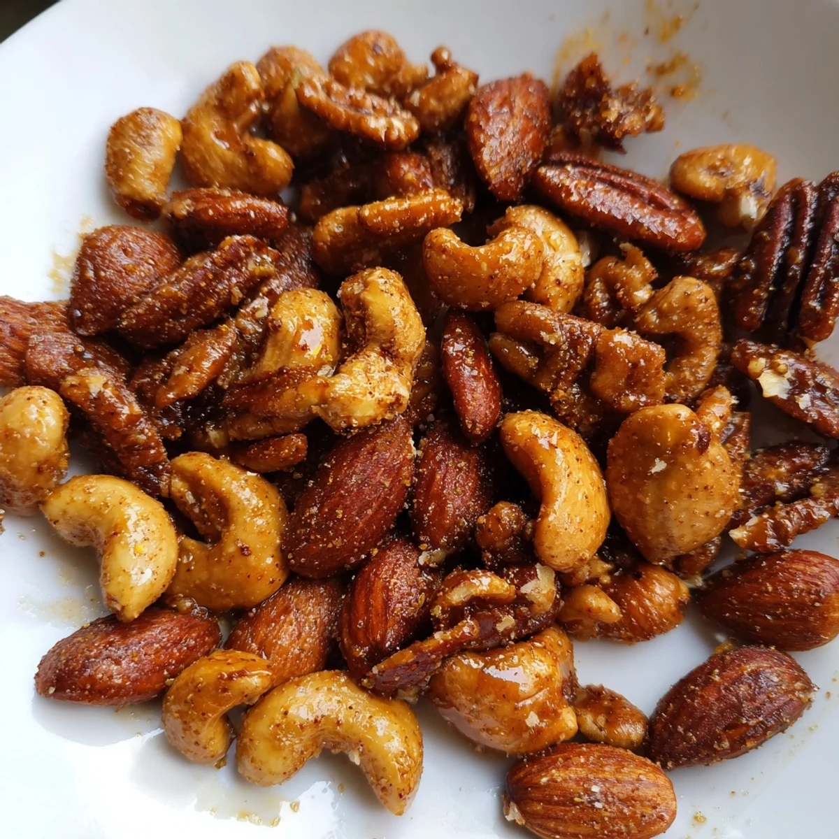 Cooling Spiced Nuts Mix clusters glisten on parchment, filled with almonds, cashews, pecans, and walnuts.