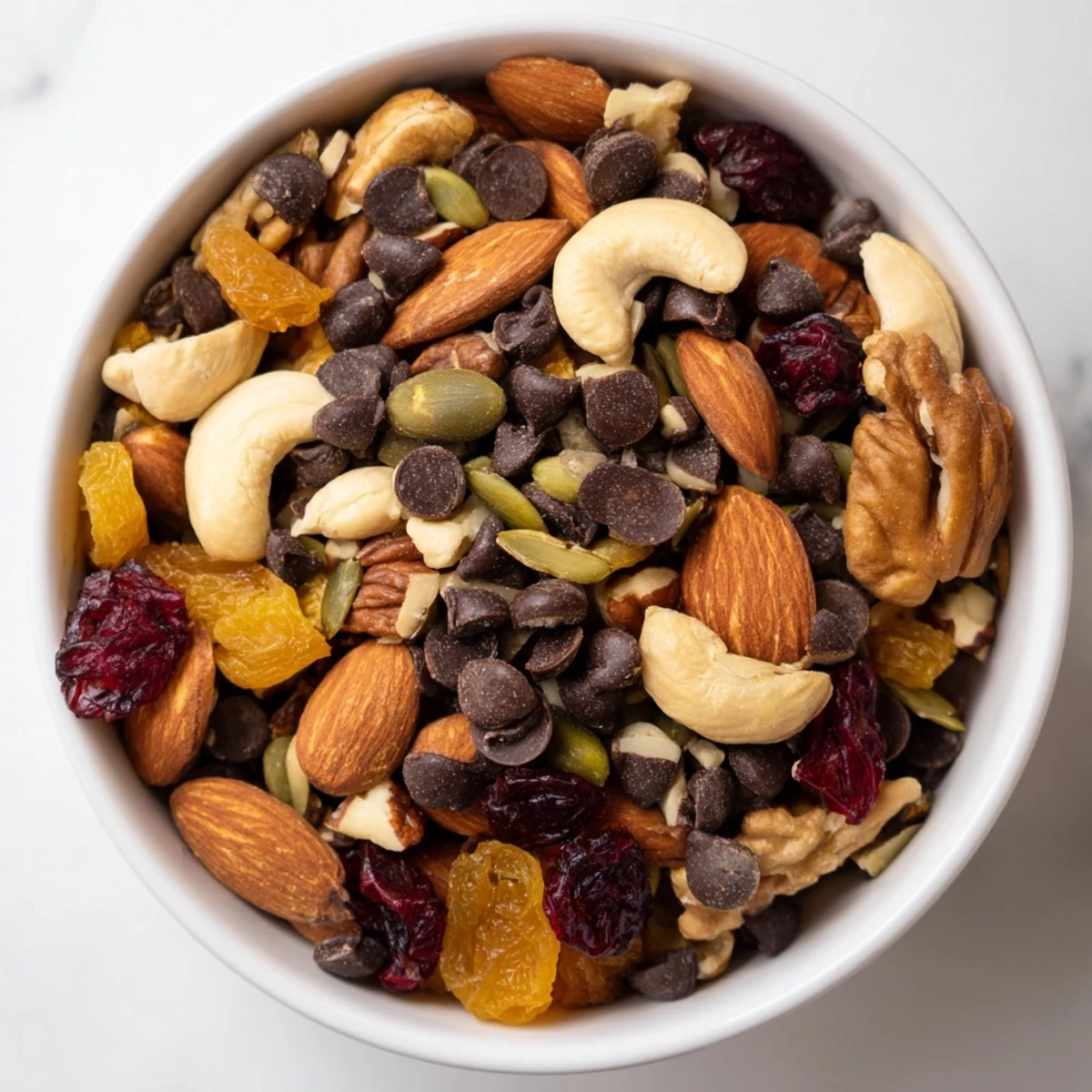 A close-up of homemade Trail Mix Custom featuring almonds, cashews, dark chocolate chips, dried apricots, cranberries, and pumpkin seeds on a rustic wooden board, perfect for on-the-go snacking.