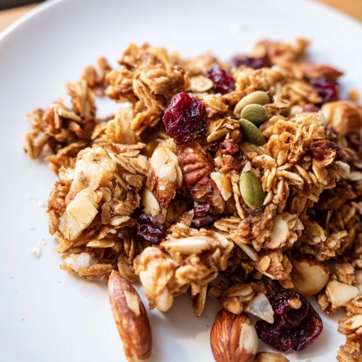 A close-up of wholesome Granola Clusters, studded with pumpkin seeds and coconut, served over creamy Greek yogurt.