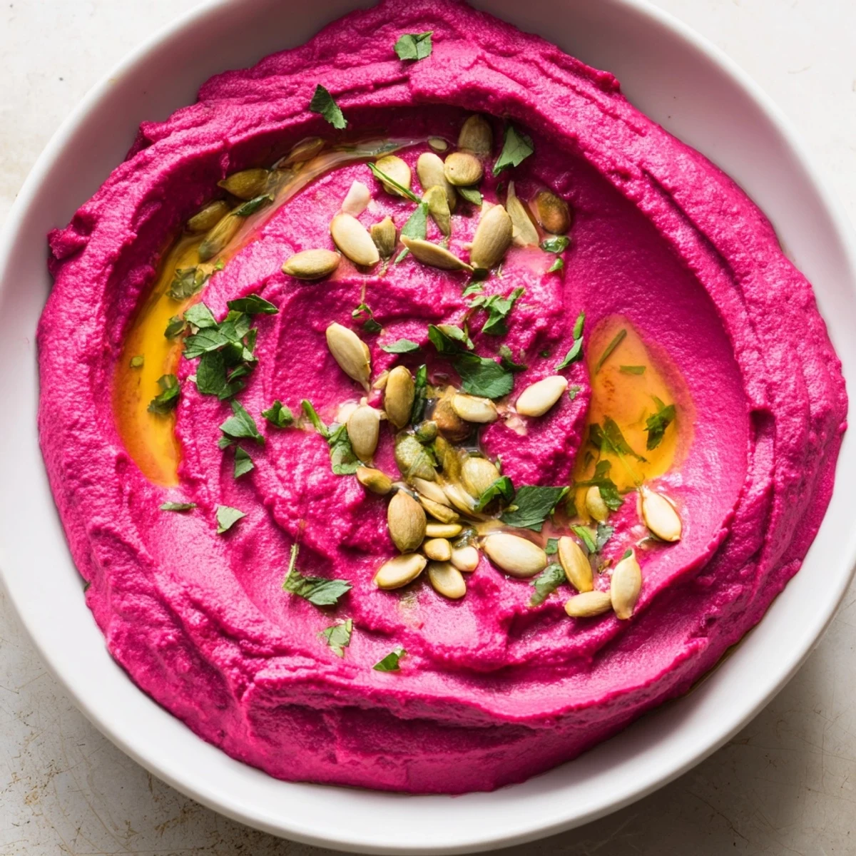 Creamy Beet Hummus in a serving bowl, garnished with olive oil drizzle, toasted pumpkin seeds, and fresh parsley for a vibrant appetizer.
