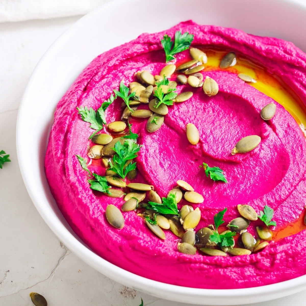 Bright pink Beet Hummus topped with sesame seeds and parsley, served alongside crunchy carrot sticks and bell pepper wedges at a party.