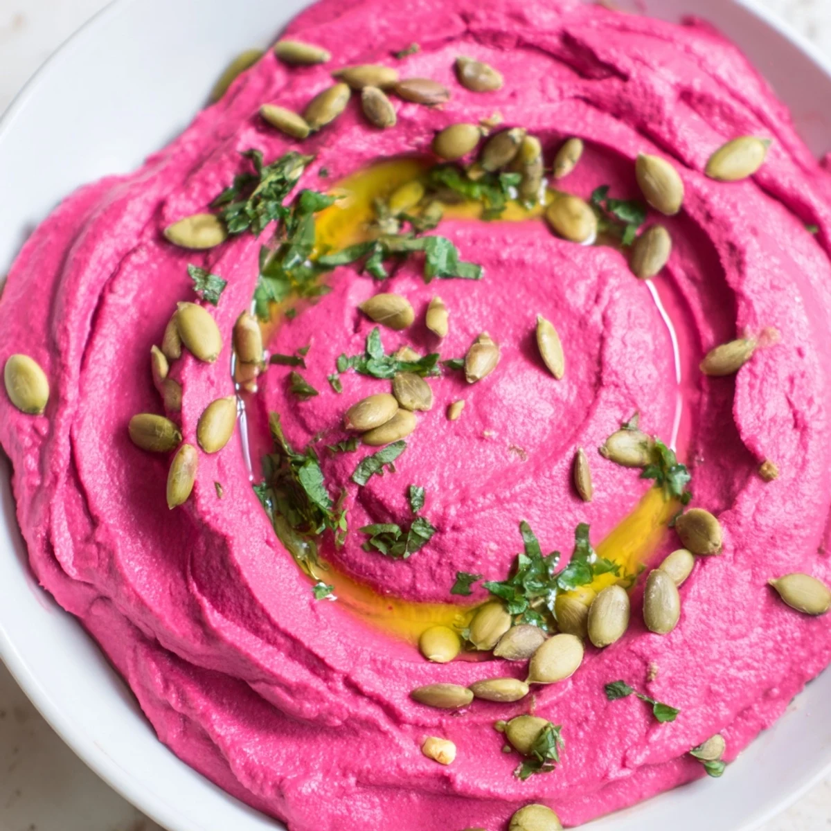 Roasted beet hummus swirl in a white bowl, paired with crisp cucumber slices and warm pita bread for a colorful, healthy snack.
