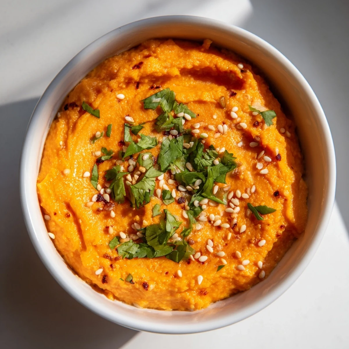 A vibrant bowl of Carrot Ginger Dip, showcasing its smooth, bright orange texture and topped with fresh cilantro and sesame seeds.  