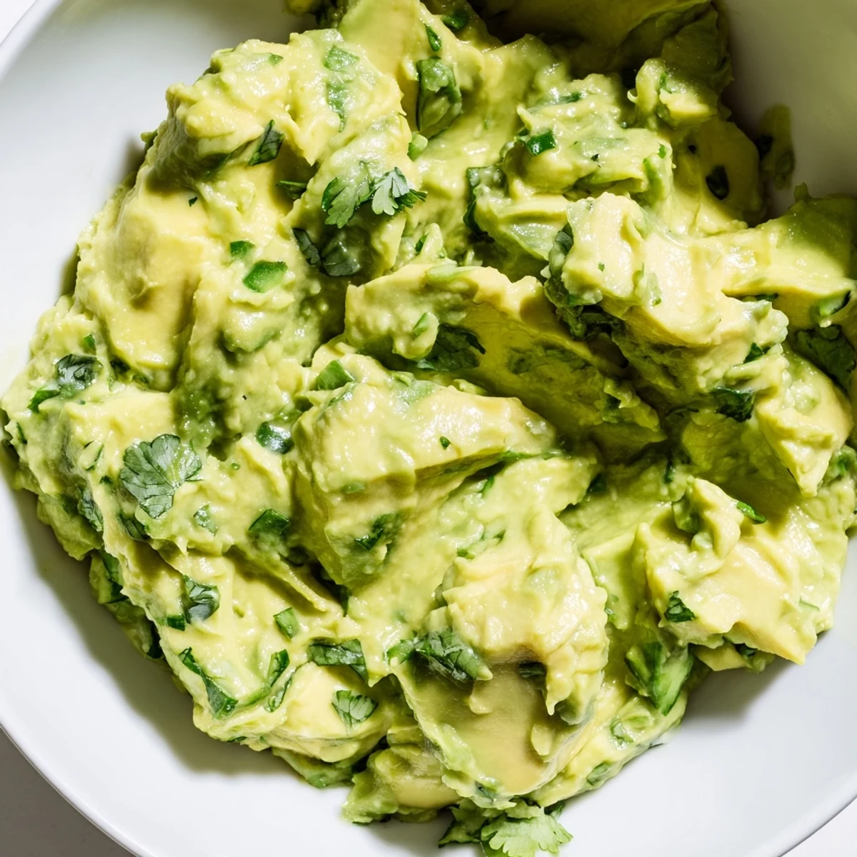 Close-up of homemade avocado lime dip, with mashed avocado chunks and lime juice, paired with crisp blue corn chips.