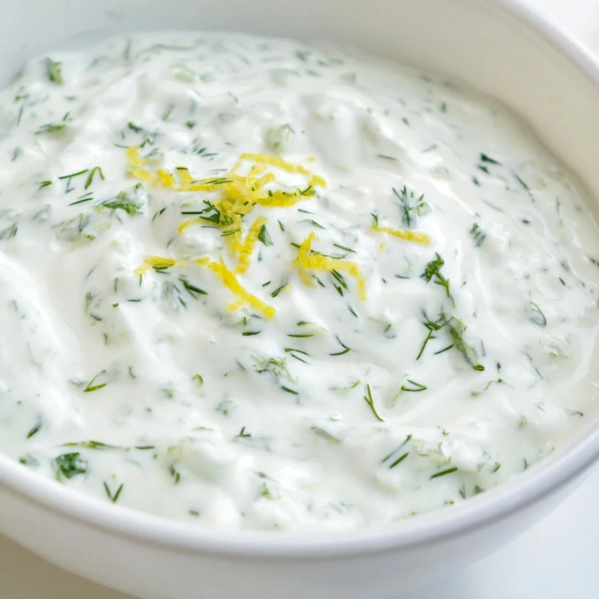 A bowl of Greek Yogurt Herb Dip, creamy and pale green, garnished with fresh dill and chives, served with crisp vegetable sticks.