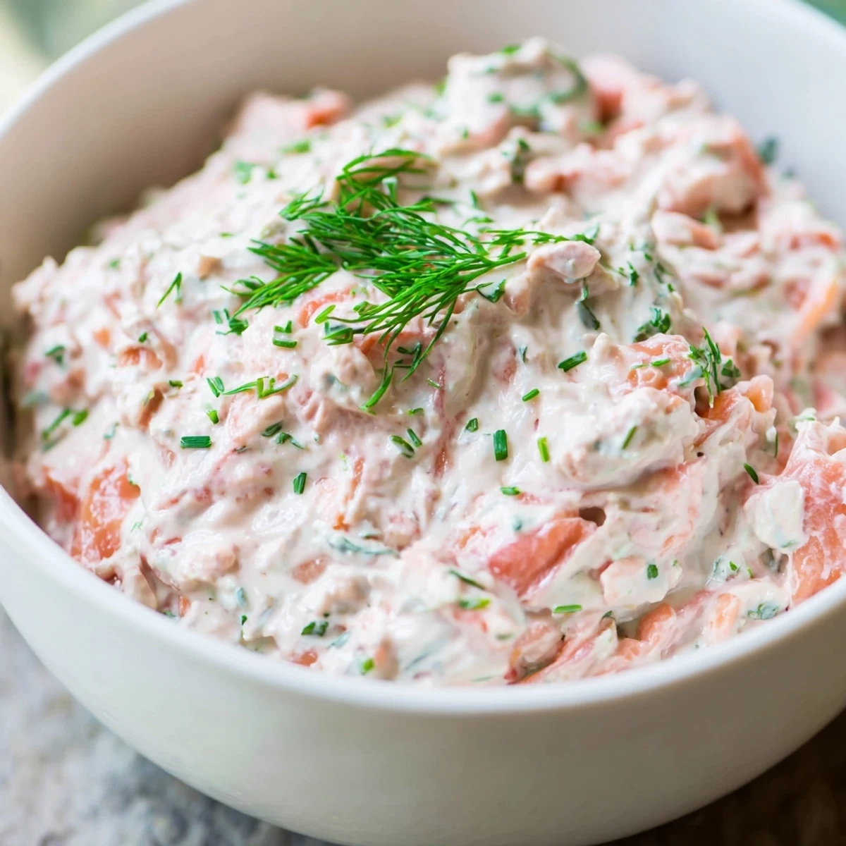 A close-up of creamy smoked salmon dip in a white bowl, garnished with fresh dill and lemon wedges, served with bagel chips.