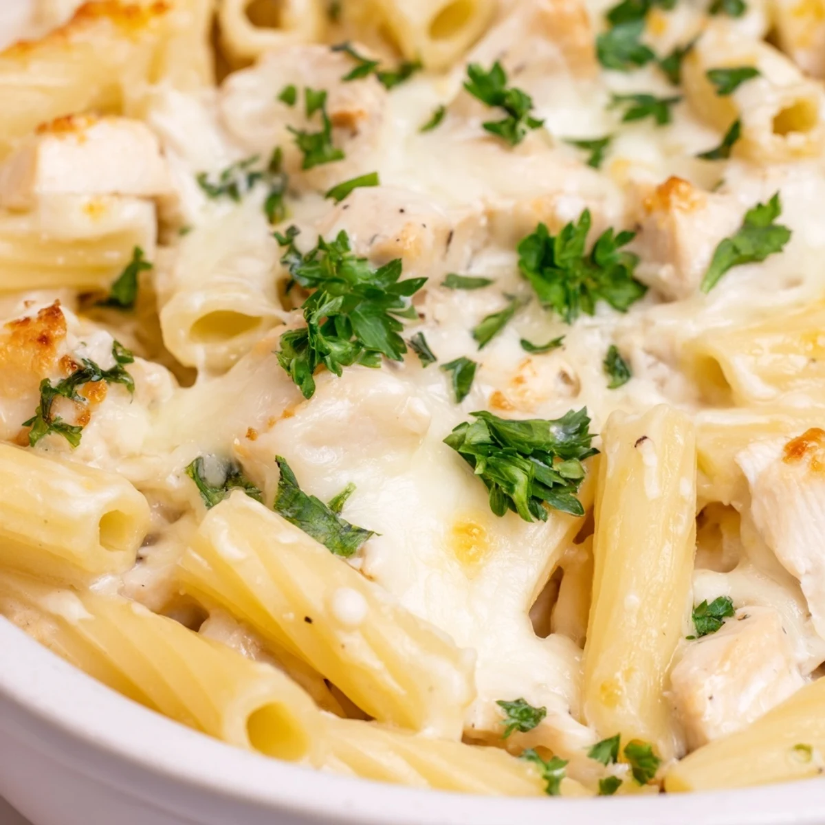 A steaming Chicken Alfredo Casserole with bubbly mozzarella, tender chicken, and creamy Alfredo sauce served from a baking dish.