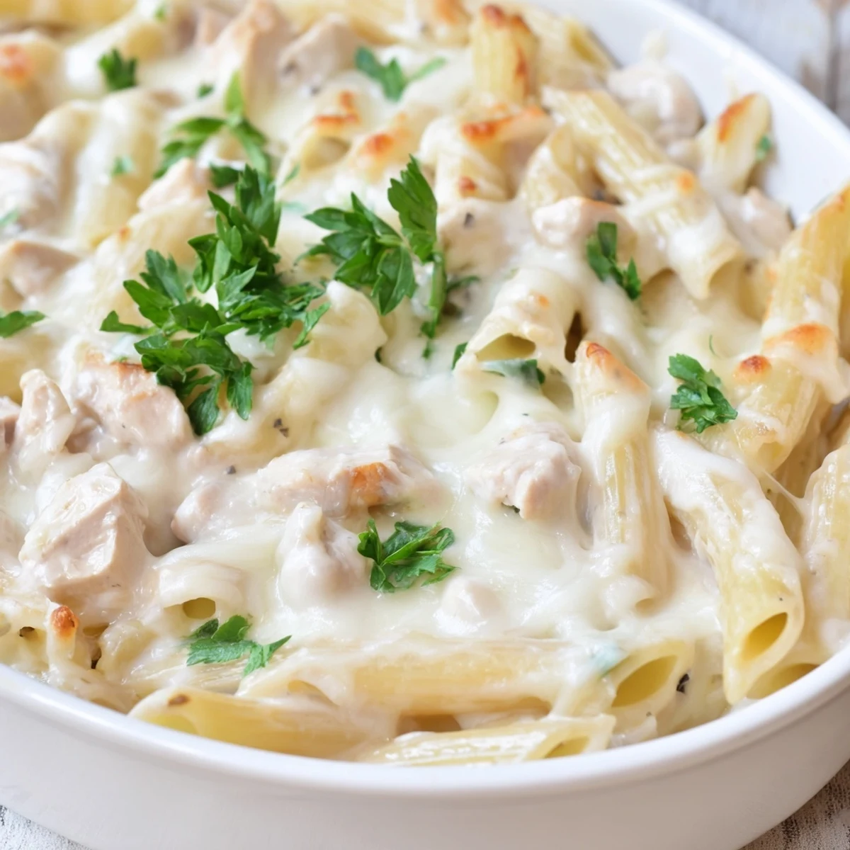 Freshly baked Chicken Alfredo Casserole in a dish, topped with golden, gooey mozzarella and a sprinkle of chopped parsley.