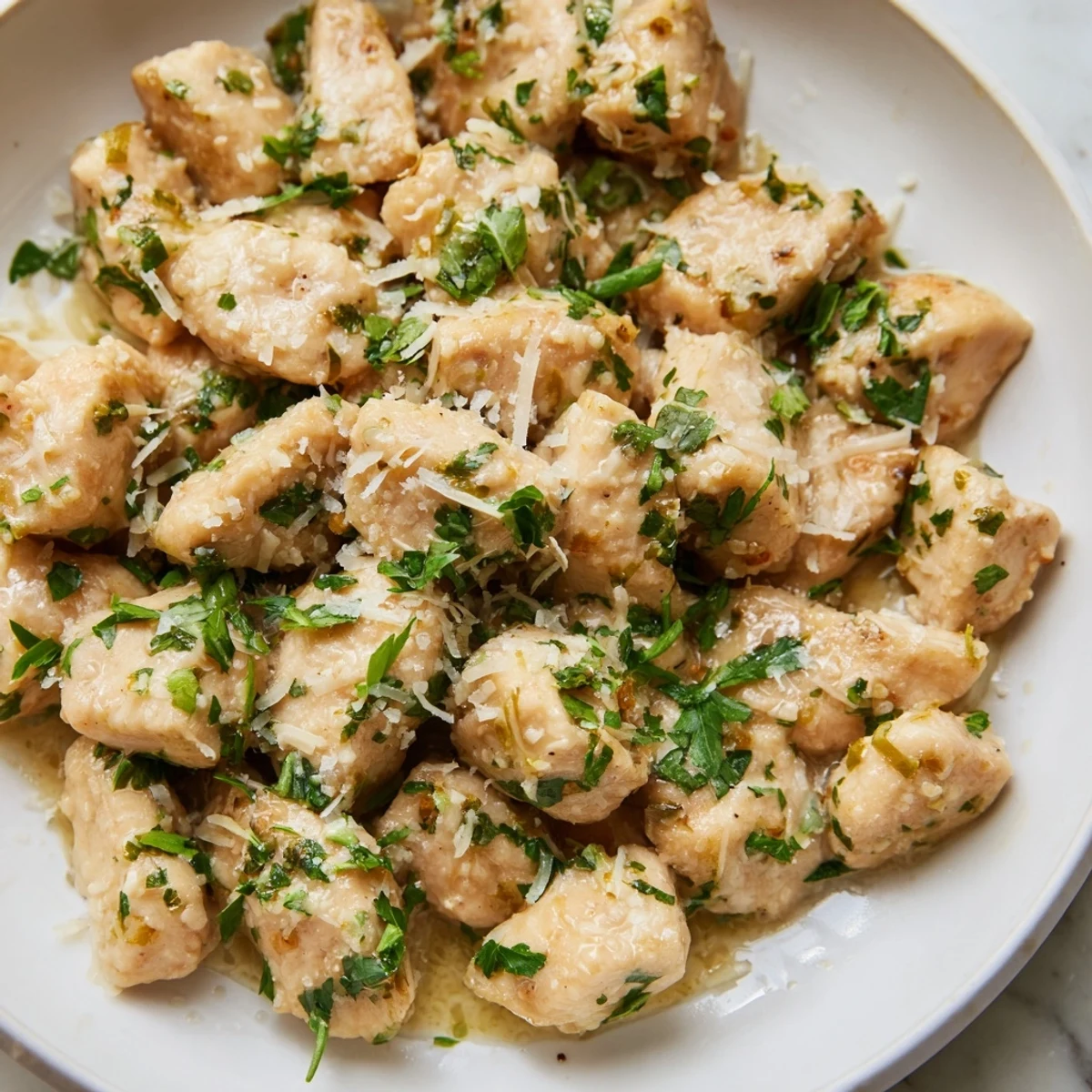 Golden-brown Creamy Garlic Chicken Bites simmering in a rich, glossy sauce, garnished with fresh parsley.