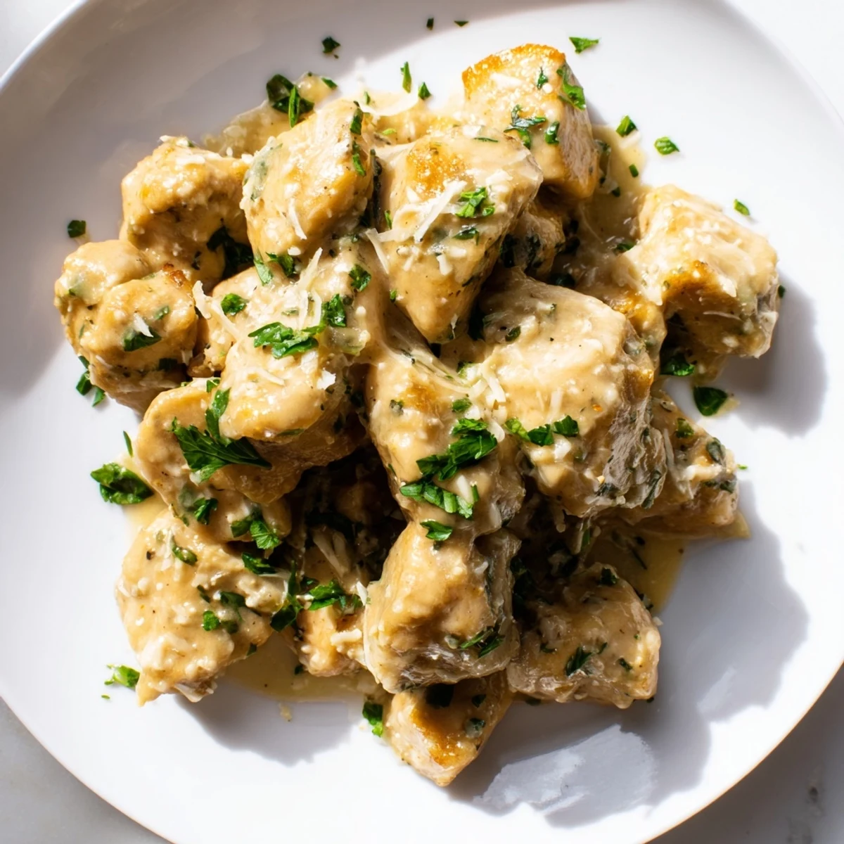 Tender Creamy Garlic Chicken Bites served over steamed rice with crusty bread on the side.