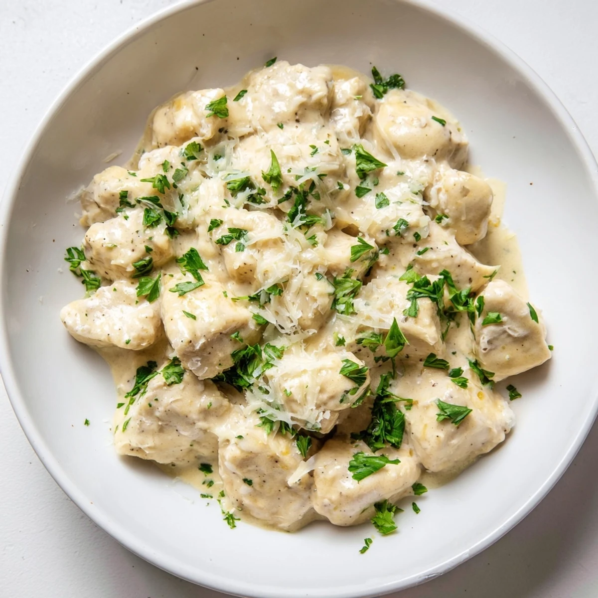 Close-up of Creamy Garlic Chicken Bites coated in a creamy Parmesan garlic sauce, ready to serve.