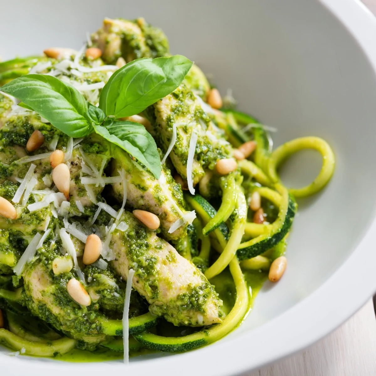 A close-up of the Pesto Zucchini Chicken Bowl garnished with toasted pine nuts and shaved Parmesan cheese.  
