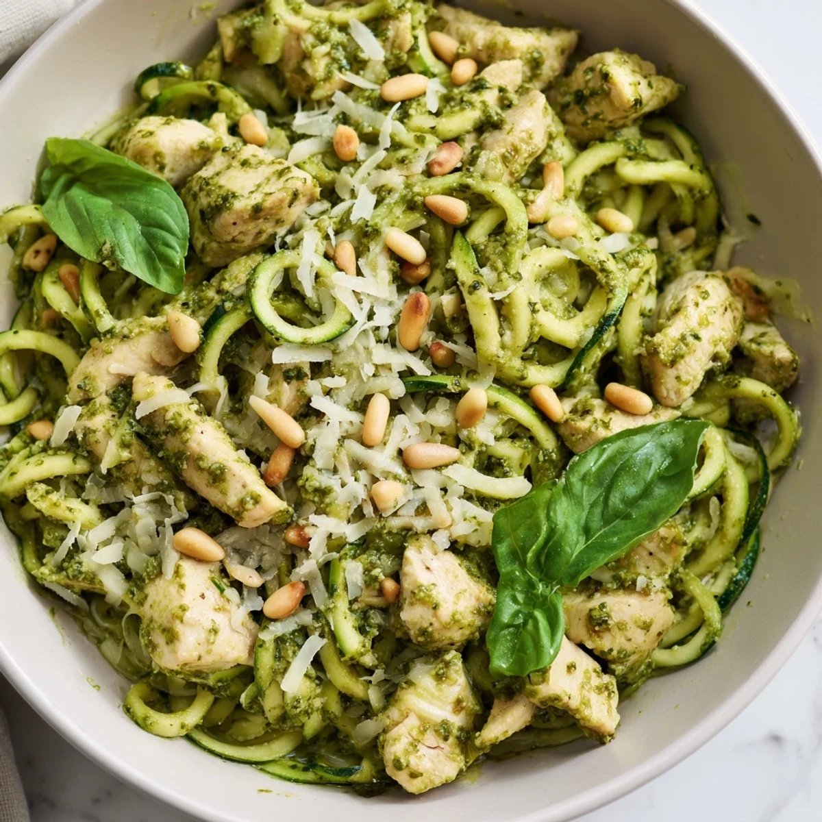 Summer Mediterranean bowl featuring tender chicken, crisp zucchini noodles, and aromatic homemade basil pesto.