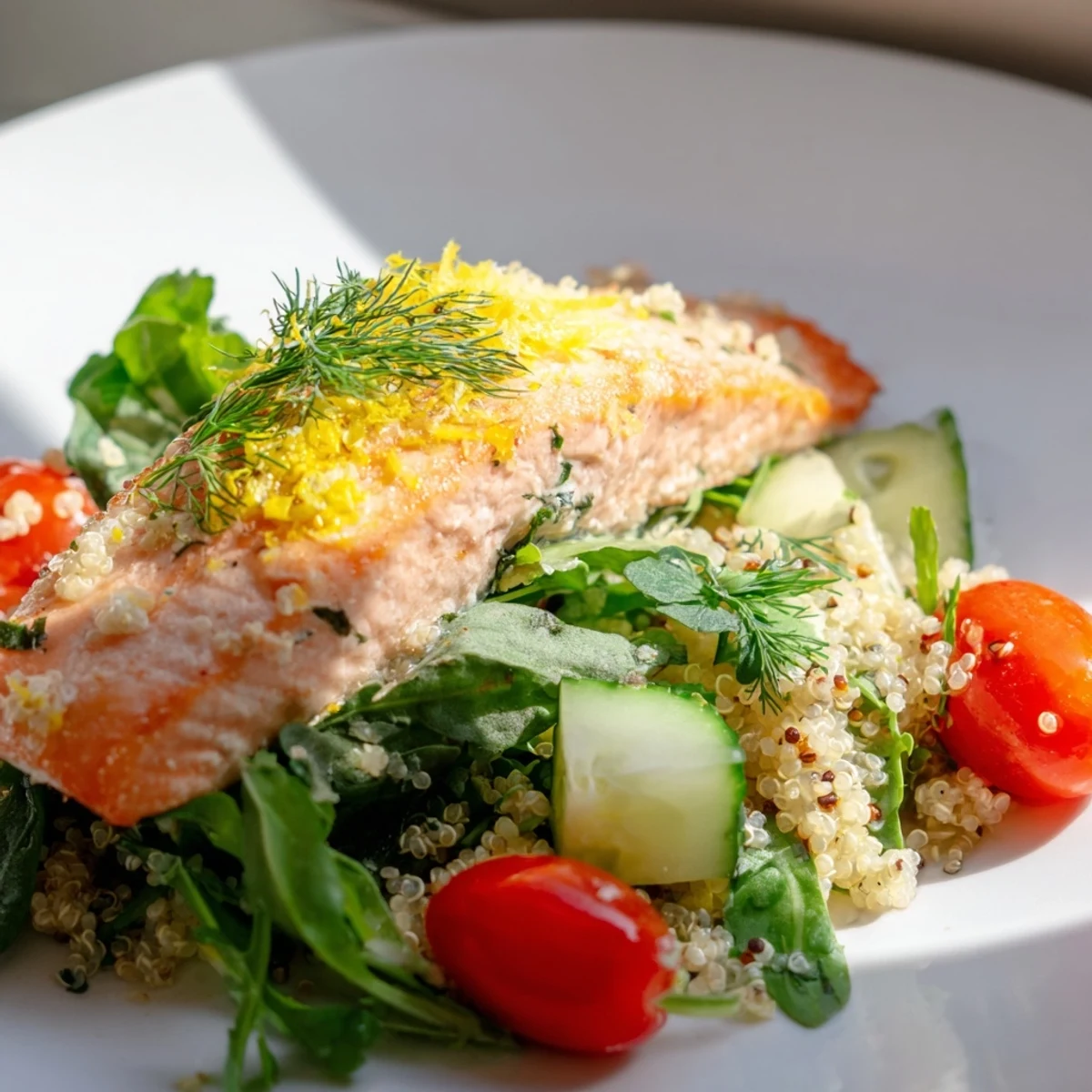 Golden-baked Lemon Herb Salmon Salad sits beside a fork and lemon wedge, featuring fluffy quinoa, tomatoes, and cucumbers.