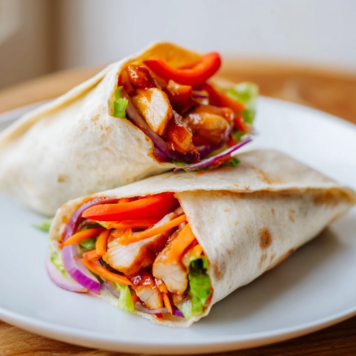 A Honey Sriracha Chicken Wrap is sliced in half to reveal layers of tender chicken and crunchy vegetables inside the warm tortilla.  