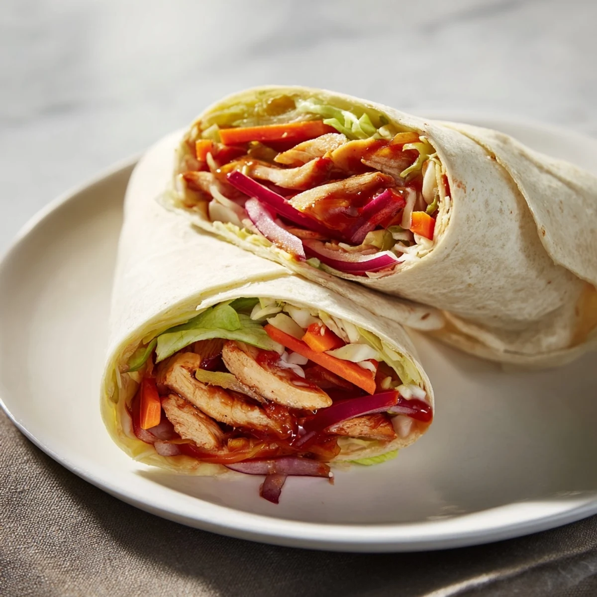 Golden-brown Honey Sriracha Chicken Wrap held in hand, with vibrant shredded carrots and red onion peeking out from the edges.