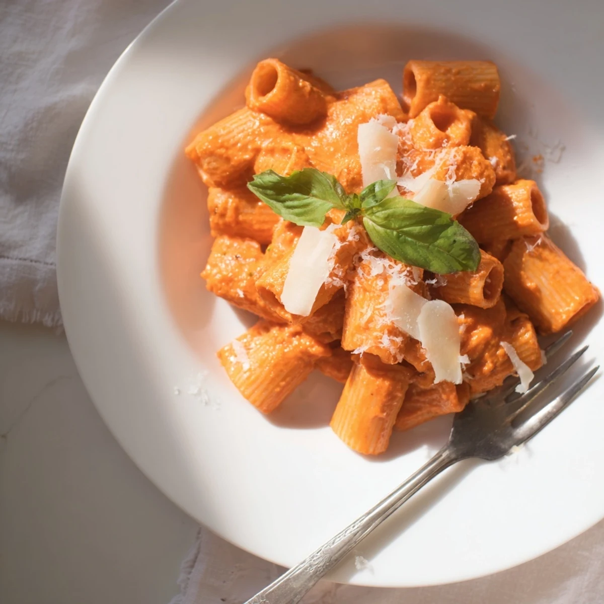 Creamy roasted red pepper pasta tossed in a vibrant, smooth sauce topped with fresh basil and Parmesan.