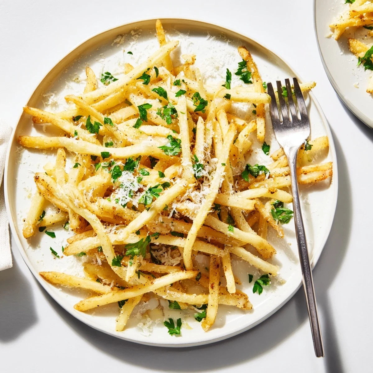 Serving suggestion for Truffle Parmesan Fries: a golden side dish paired with creamy garlic aioli dip.