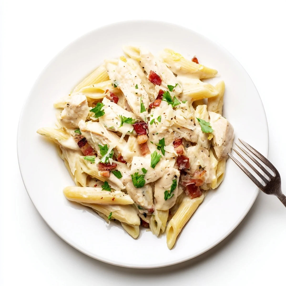Creamy Chicken Bacon Penne pasta tossed in a rich garlic-Parmesan sauce with crispy bacon and tender chicken.  