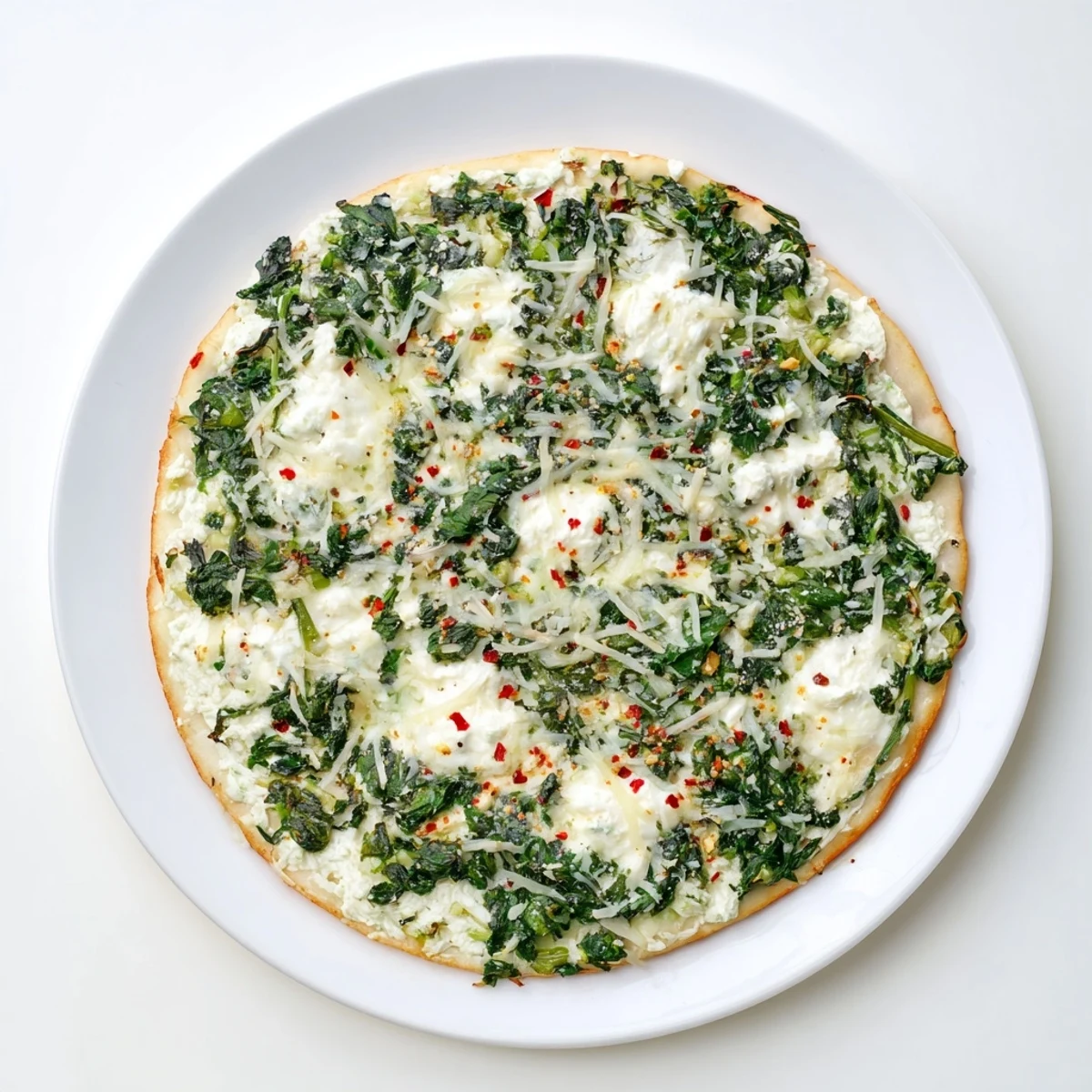 Golden spinach and creamy ricotta cheese melted over a crispy, garlic butter-brushed pizza crust, served hot and bubbly.