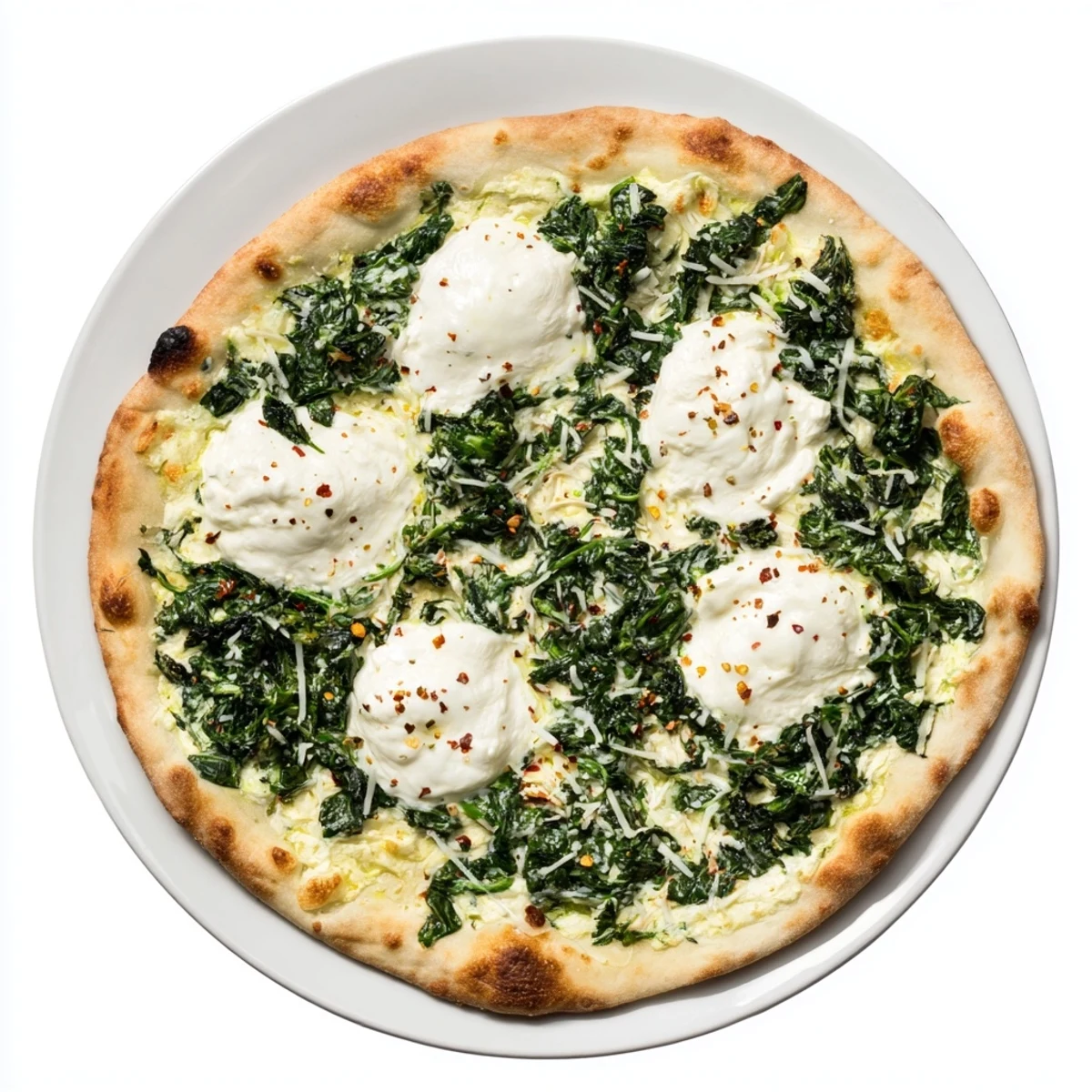 A slice of homemade spinach ricotta pizza rests on a rustic plate, garnished with fresh parsley and red pepper flakes.