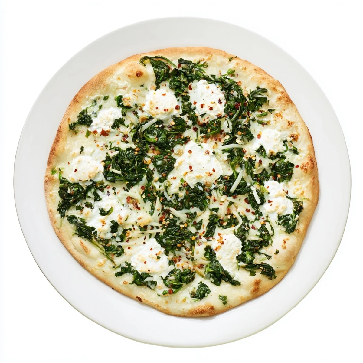 A close-up of the spinach ricotta pizza highlights golden, bubbling mozzarella and Parmesan over sautéed greens and garlic butter.