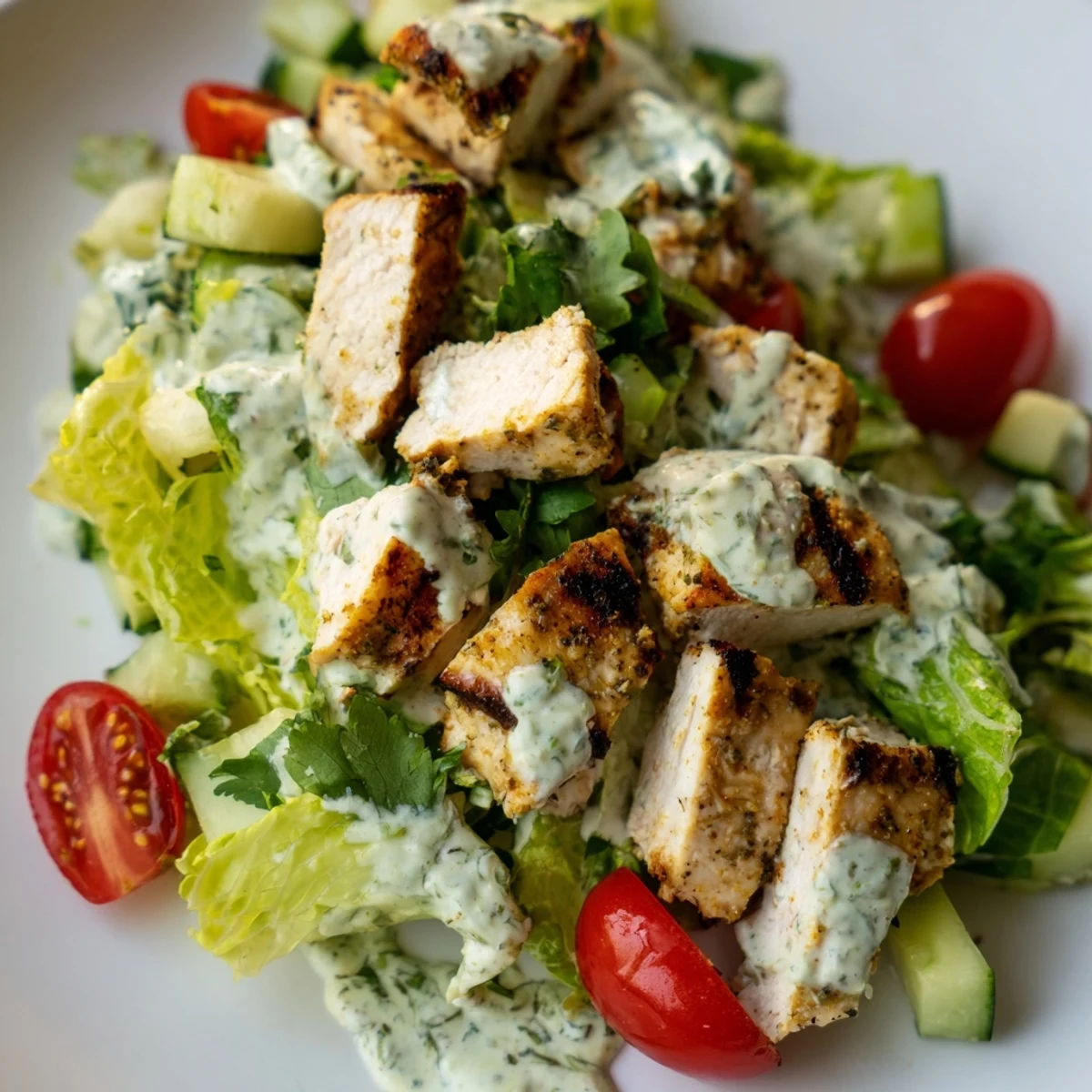 Juicy grilled chicken chunks tossed in creamy jalapeño ranch, piled high on crisp romaine with tomatoes and cucumber.