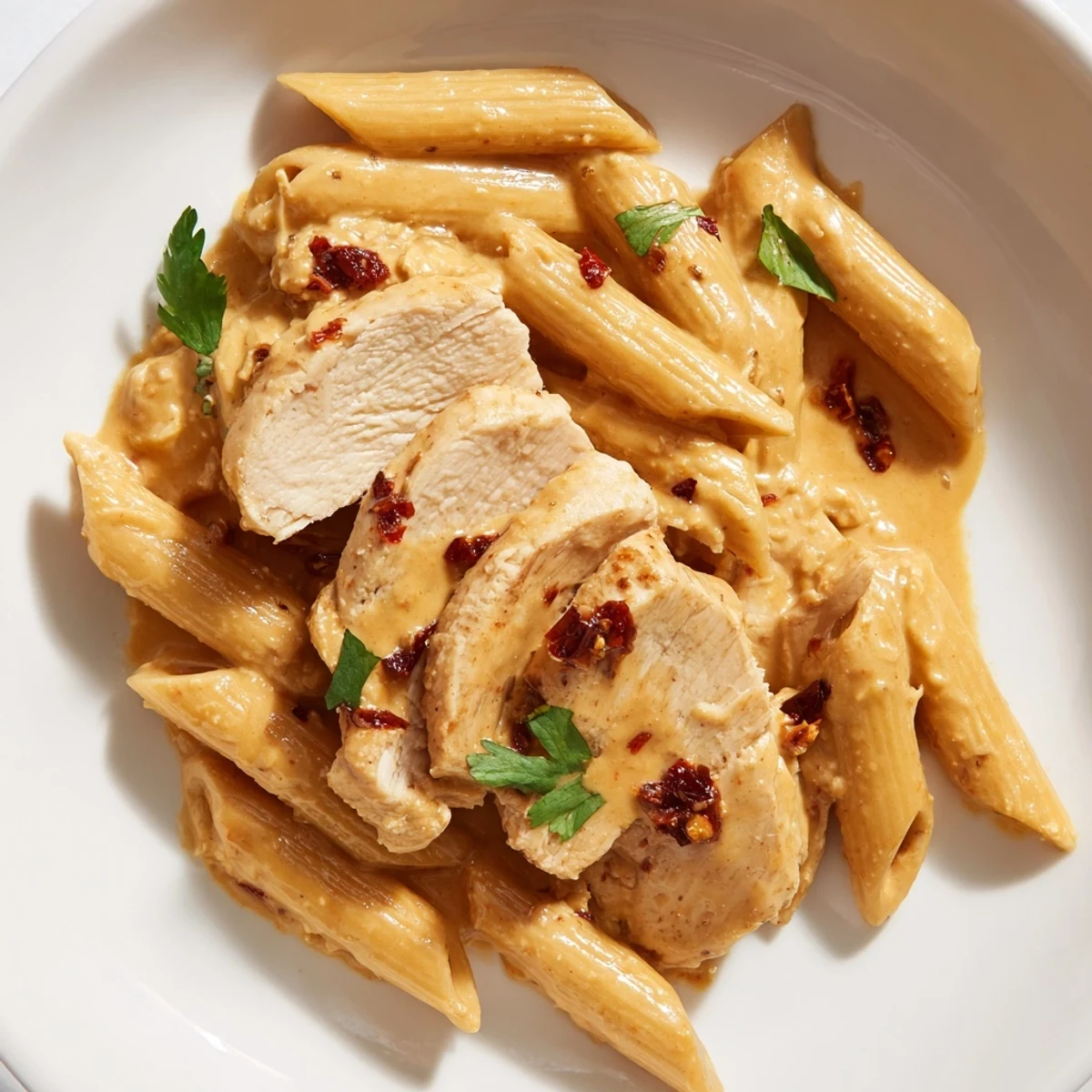 Golden seared chicken slices rest atop creamy penne pasta, glistening with a vibrant honey chipotle sauce and fresh cilantro garnish.