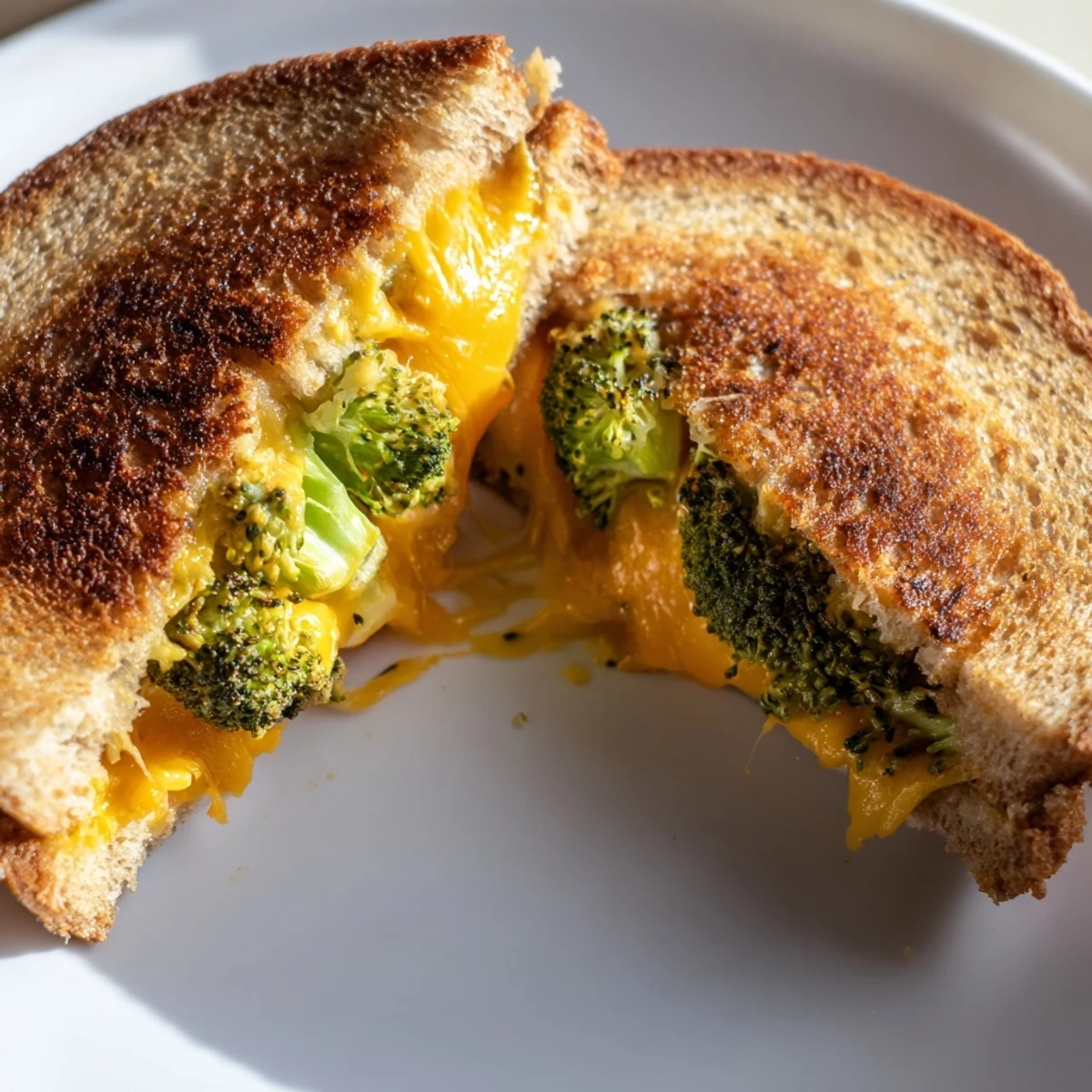 Golden toasted sourdough slices cradling melted sharp cheddar and tender roasted broccoli florets in this Roasted Broccoli & Cheddar Grilled Cheese.